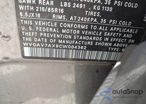 2012 Volkswagen Tiguan Le from USA, damaged, VIN WVGAV7AX9CW004362